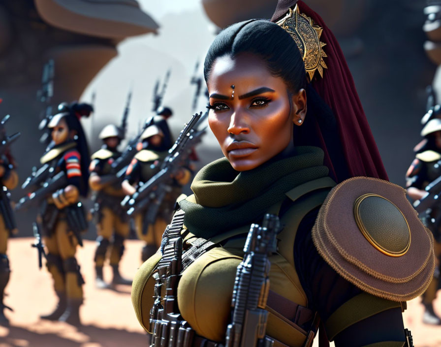 Digital artwork features determined woman in military gear with soldiers in desert setting.