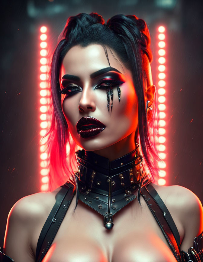 Woman with dramatic black and red makeup and glossy lips posing with choker and harness under red neon lights