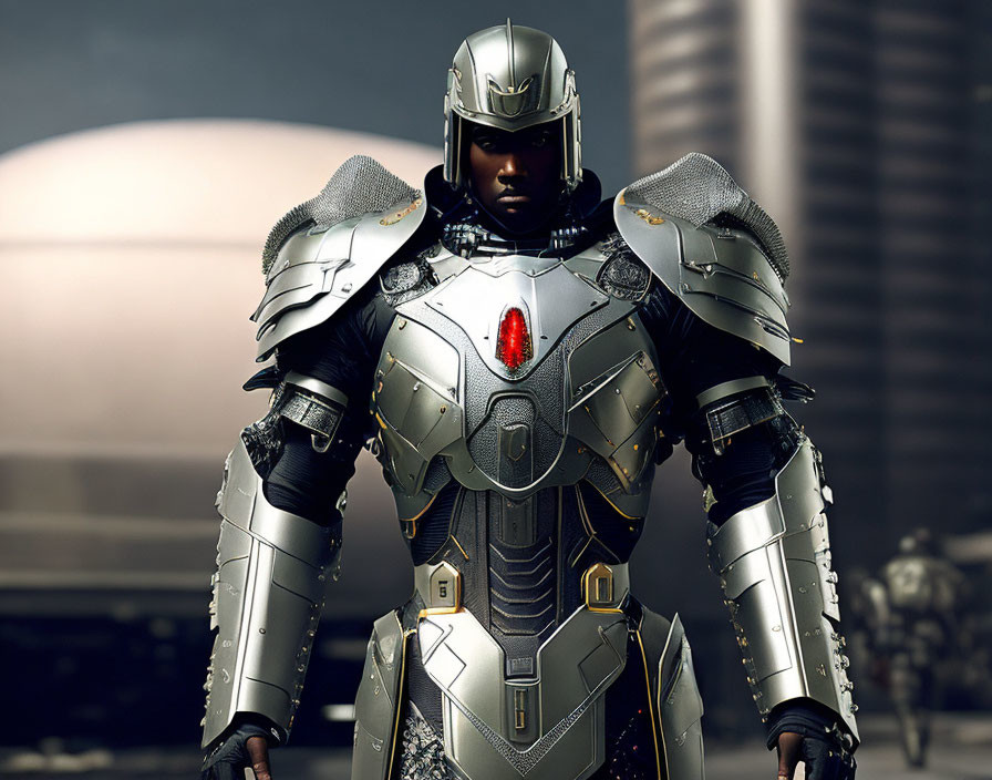 Detailed Metallic Armor Figure with Futuristic Design and Red Chestpiece