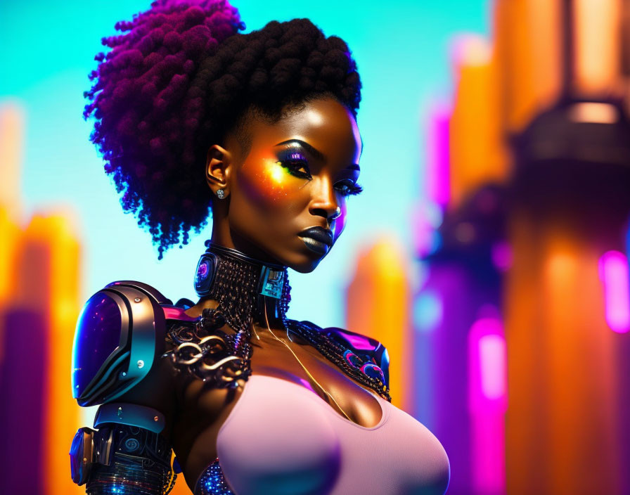 Futuristic African woman with cybernetic arms in vibrant makeup