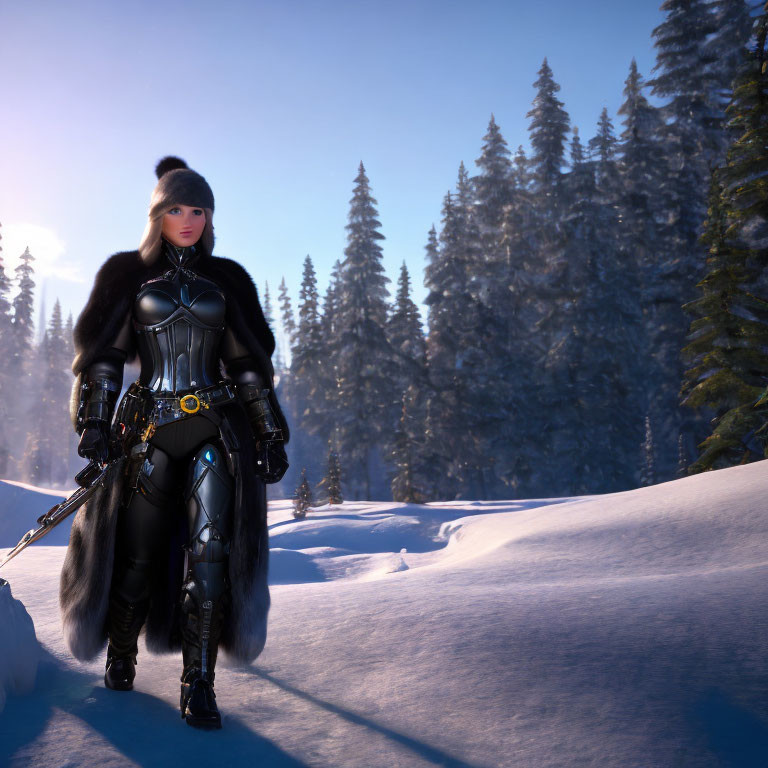Female warrior in black armor with sword in snowy forest