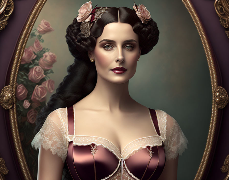 Vintage-inspired portrait of woman in red corset with roses and floral backdrop