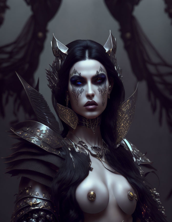 Dark Winged Fantasy Character with Intricate Makeup and Elaborate Armor