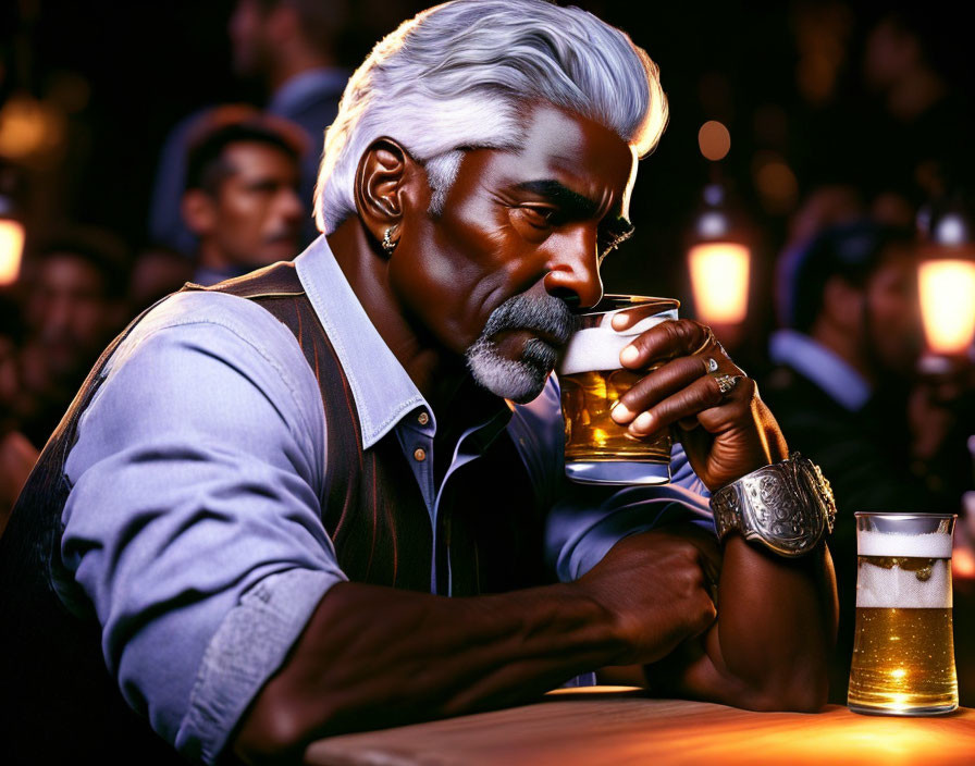 Elderly man with white hair and beard drinking beer in dimly lit bar