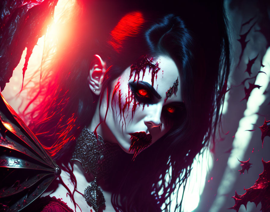 Gothic vampire woman with pale skin and dark makeup on red backdrop