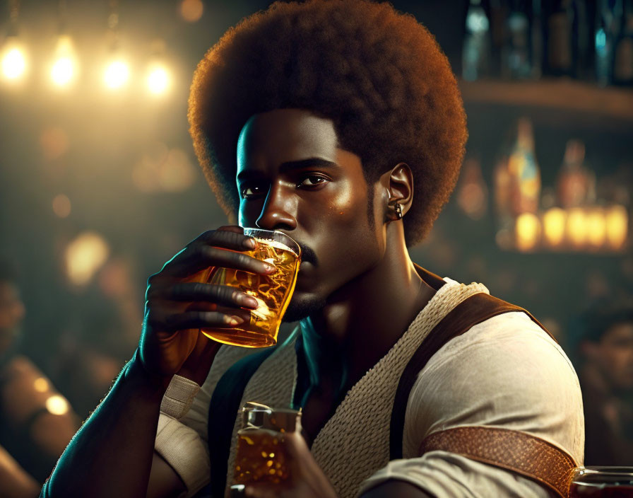 Man with Afro Hairstyle Sipping Drink in Dimly Lit Bar