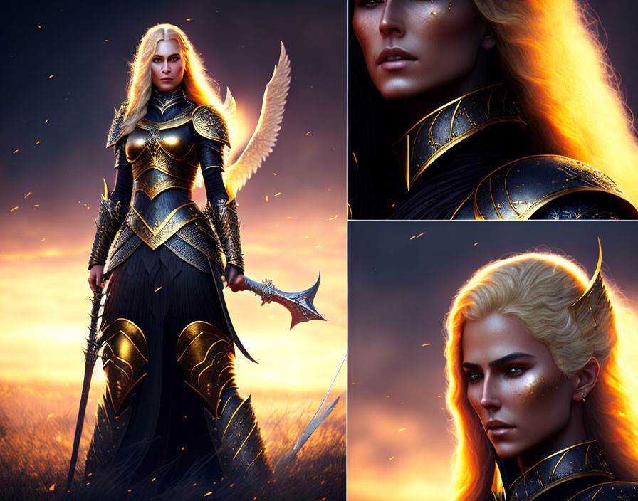 Warrior woman with golden hair and battle axe in fiery setting