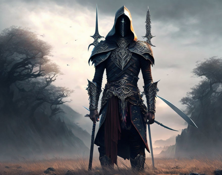 Menacing figure in ornate armor with sword in gloomy landscape