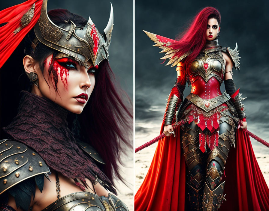 Fantasy warrior woman in red and black armor with horned helmet and red hair on stormy sky
