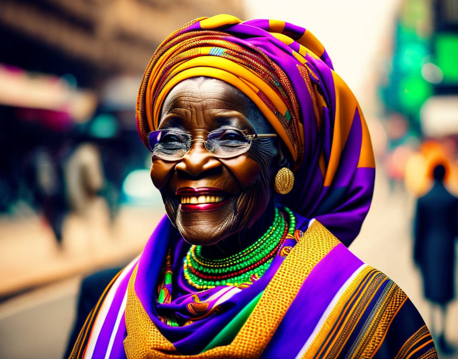 Elderly woman in colorful turban and African attire with bead necklaces