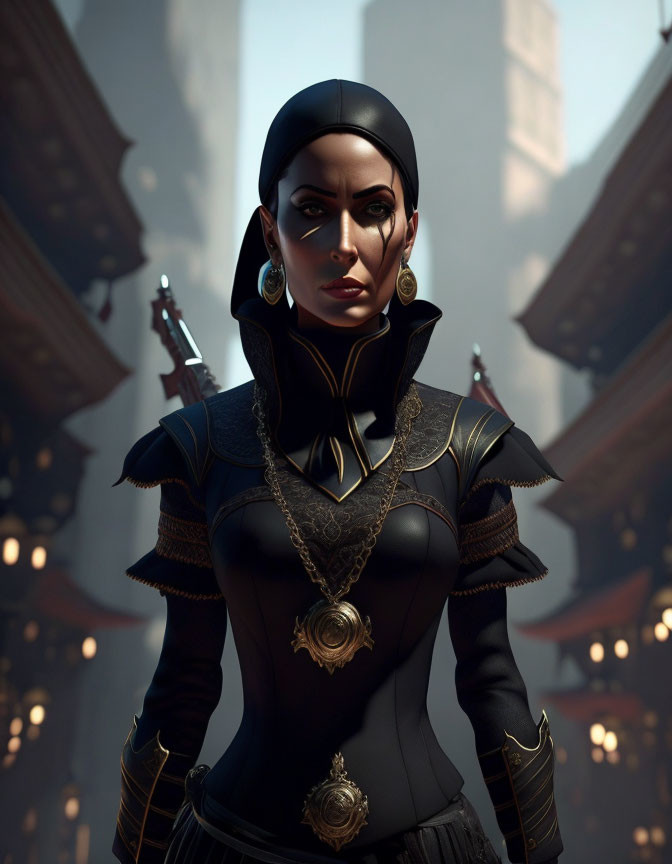 Digital artwork: Stern woman in black armor with gold accents in city alley.