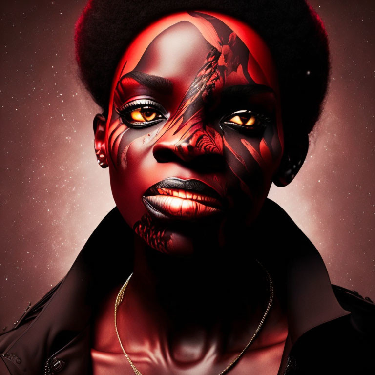 Intense gaze portrait with red and black face paint and cosmic background