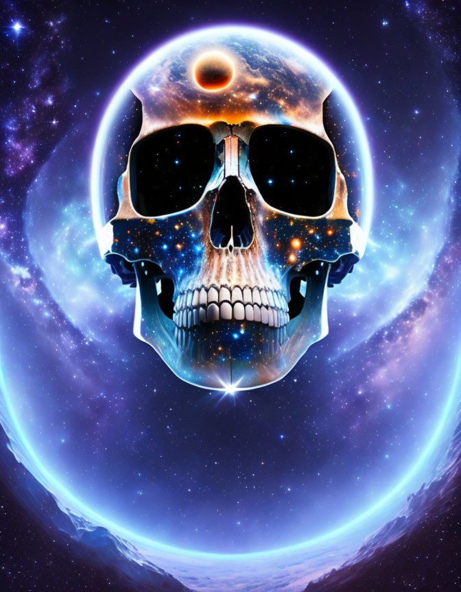 Cosmic skull illustration with galaxies and planet on horizon.