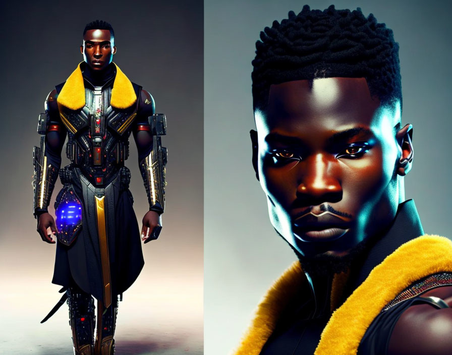 Futuristic man in advanced armored suit with glowing elements and strong facial features.