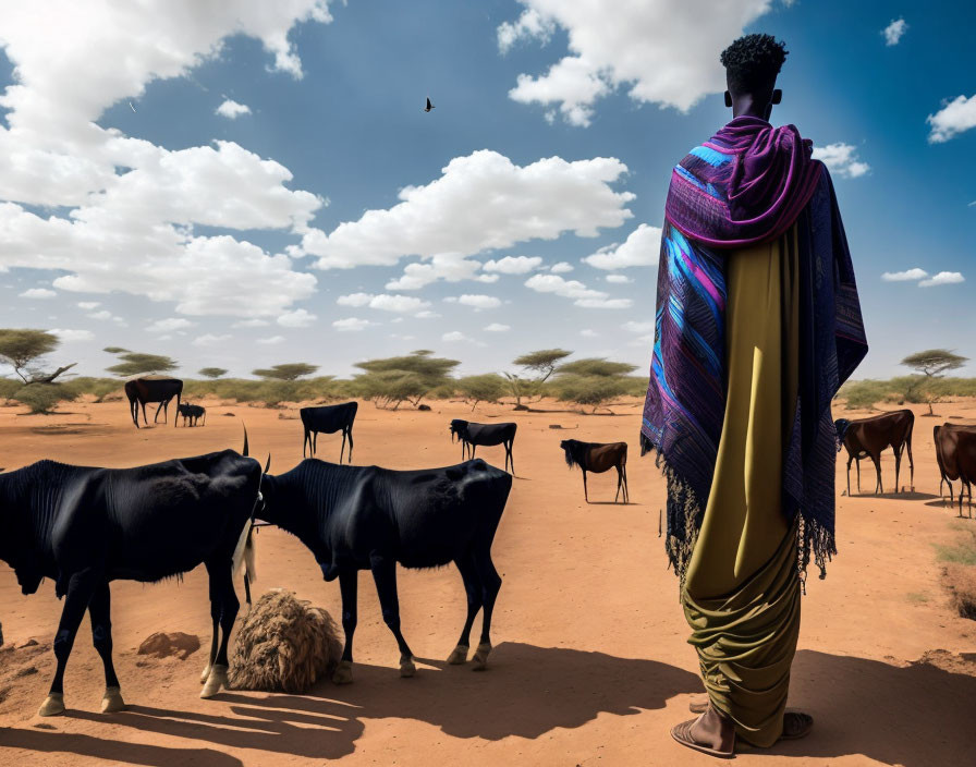 Colorfully dressed person in desert with cattle under vast sky and lone bird.