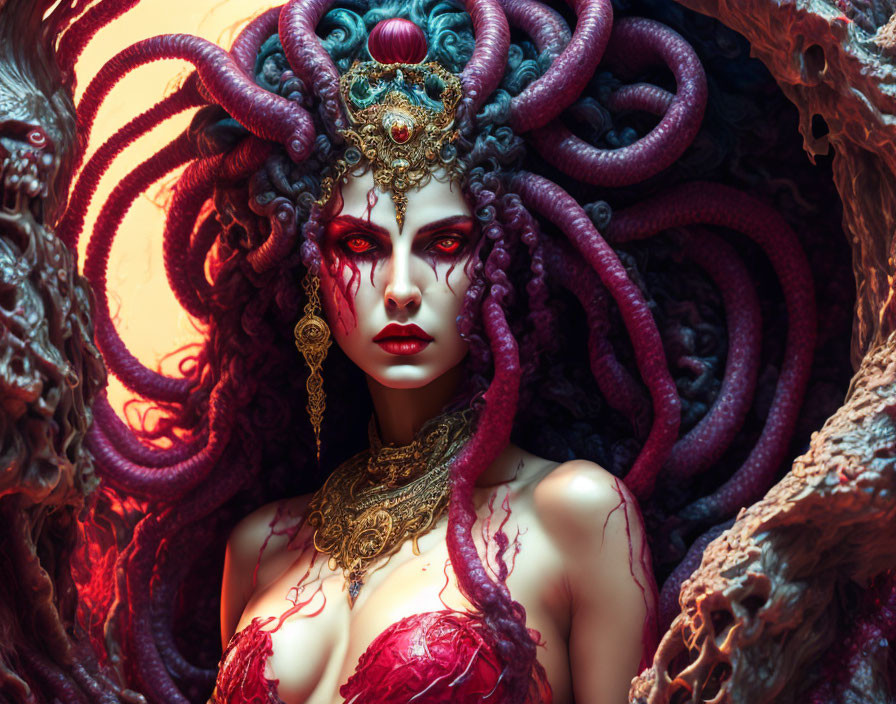 Fantastical portrait of a woman with purple tentacle hair, golden jewelry, and dramatic makeup on