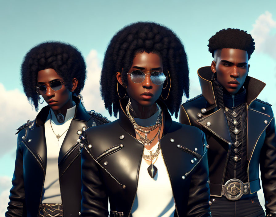 Three individuals with afro hairstyles in black leather jackets and sunglasses against a blue sky.