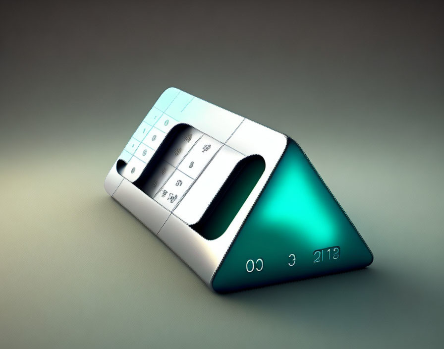 Futuristic triangular digital device with illuminated touch keys and green display.