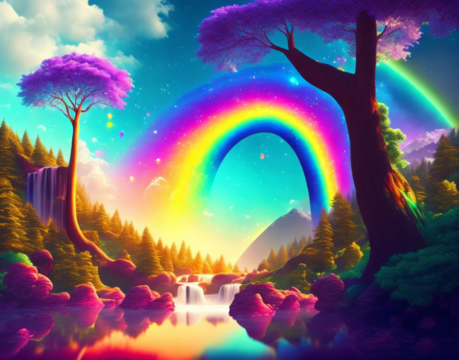 Colorful Fantasy Landscape with Rainbow, Purple Trees, Waterfall, and River