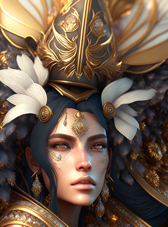 Intricate Fantasy Portrait with Golden Headdress