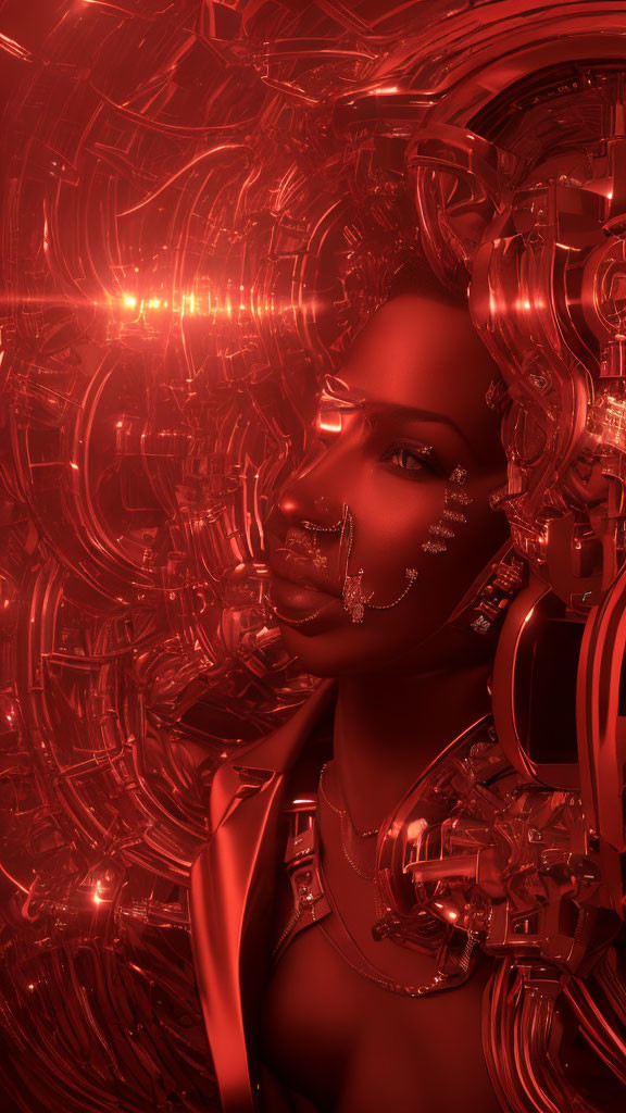 Striking makeup and futuristic jewelry on a woman against metallic background in red hue