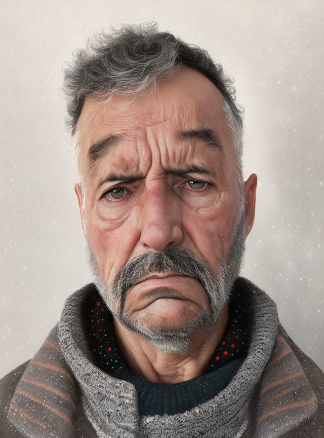 Realistic digital portrait of older man with grey hair, mustache, forlorn expression, sweater