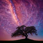 Vibrant cosmic background with lone tree on hill
