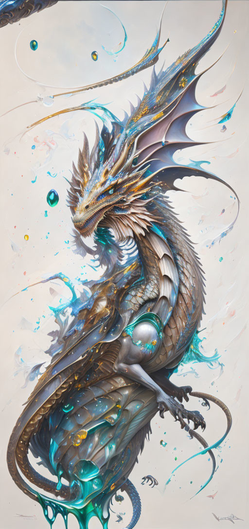 Detailed painting of majestic dragon with blue and gold accents in vibrant splashes.