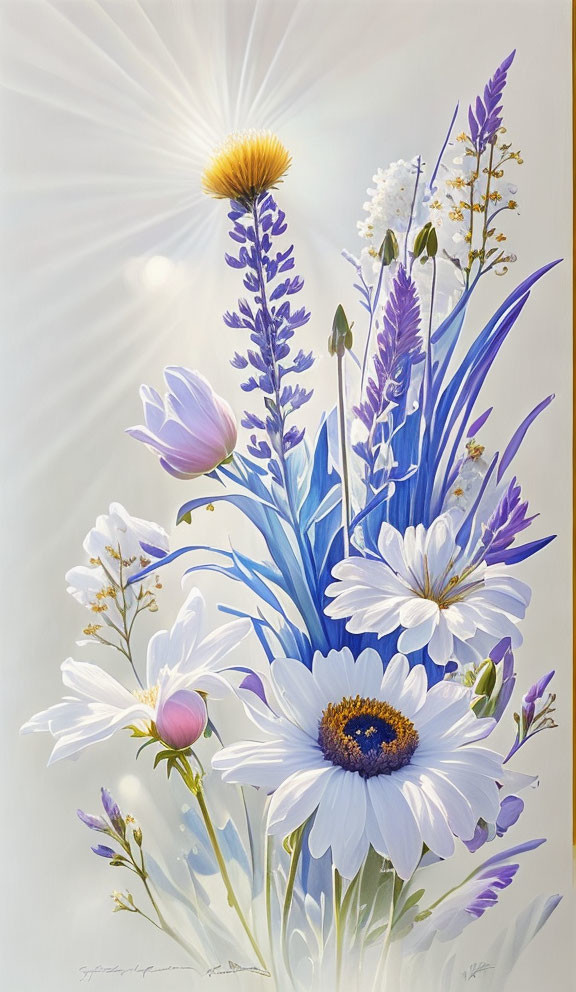 Colorful floral painting with purple, blue, and white flowers under bright light