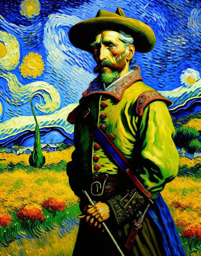 Post-Impressionist style cowboy illustration with swirling sky and suns