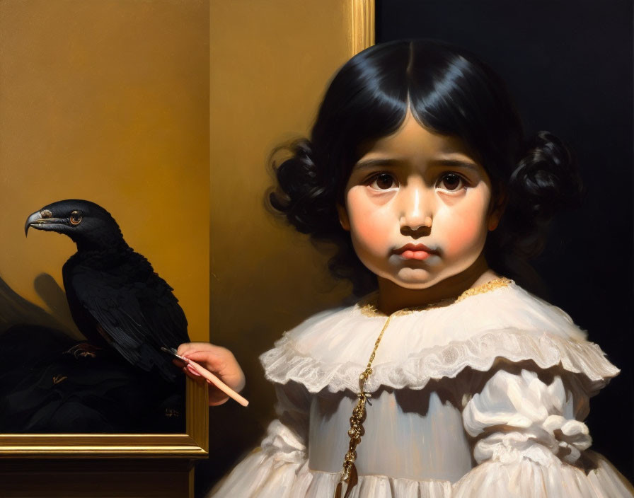Realistic painting: Young girl with dark hair in white dress with black crow and framed picture