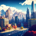 Composite cityscape blending modern buildings with mountains under golden-lit sky