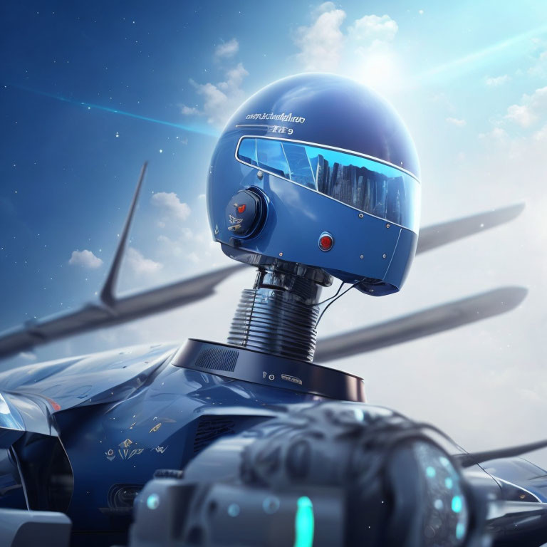 Blue helmet humanoid robot with airplane wing in clear sky