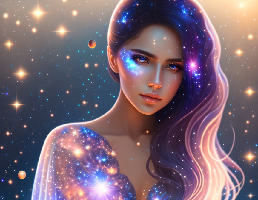 Digital art of woman with galaxy-themed skin and hair and cosmic backdrop