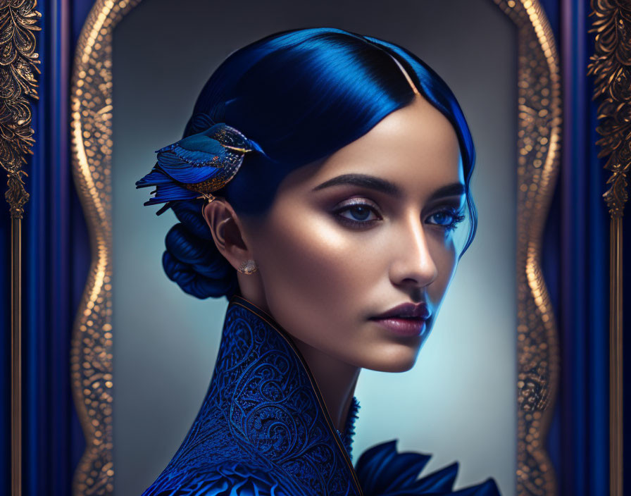 Striking Blue-Haired Woman in Ornate Clothing on Blue and Gold Background