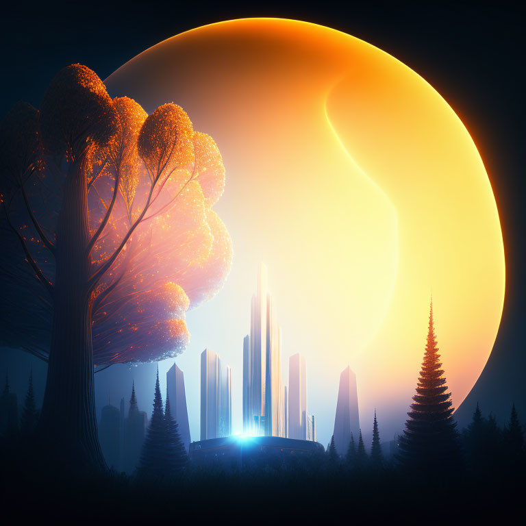 Surreal landscape with glowing orange trees, city silhouettes, and giant crescent moon.