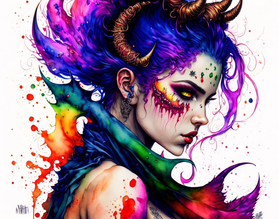 Colorful portrait of a woman with purple horns and intricate face paint