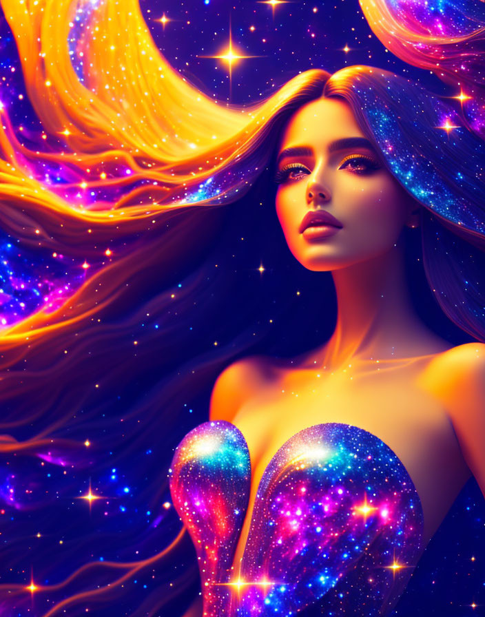 Woman with flowing hair and cosmic starfields dress in vibrant space backdrop