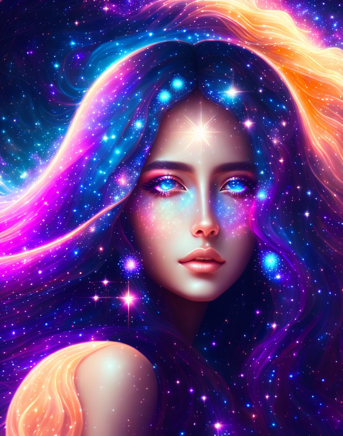 Colorful digital portrait: Woman with galaxy-themed blue and pink hair, twinkling stars, cosmic vibe
