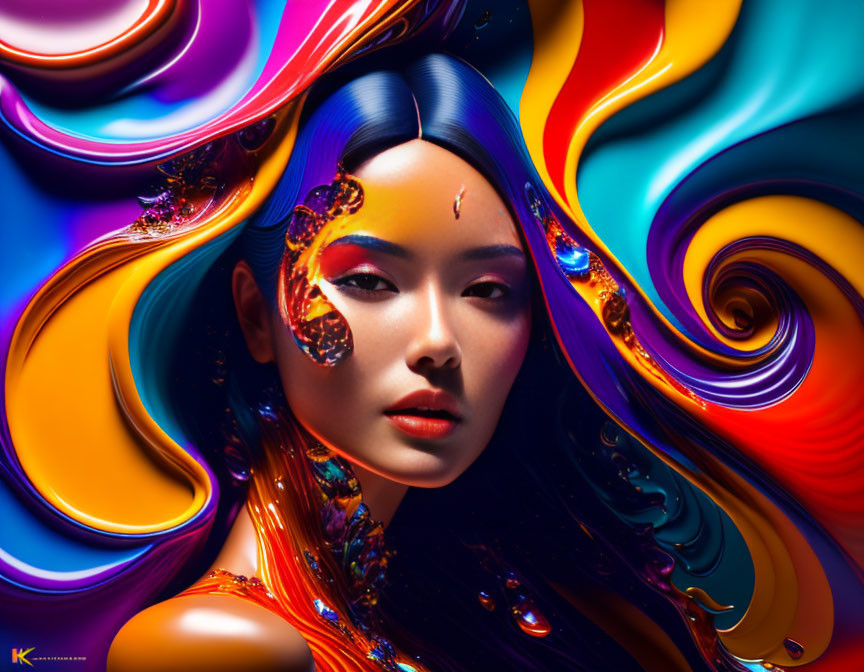 Vibrant portrait of woman with blue hair and swirling colors