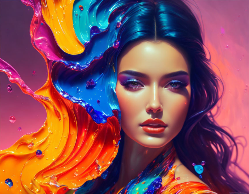 Colorful digital portrait: woman with flowing hair in liquid swirls