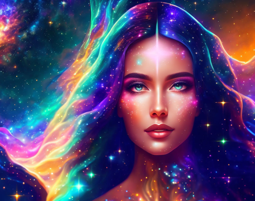 Vibrant digital artwork: Woman with galaxy-inspired hair and stardust skin