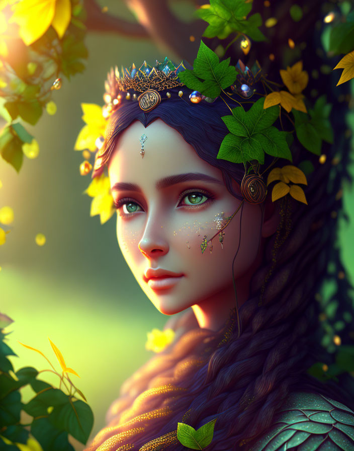 Ethereal female figure with jeweled crown in lush greenery