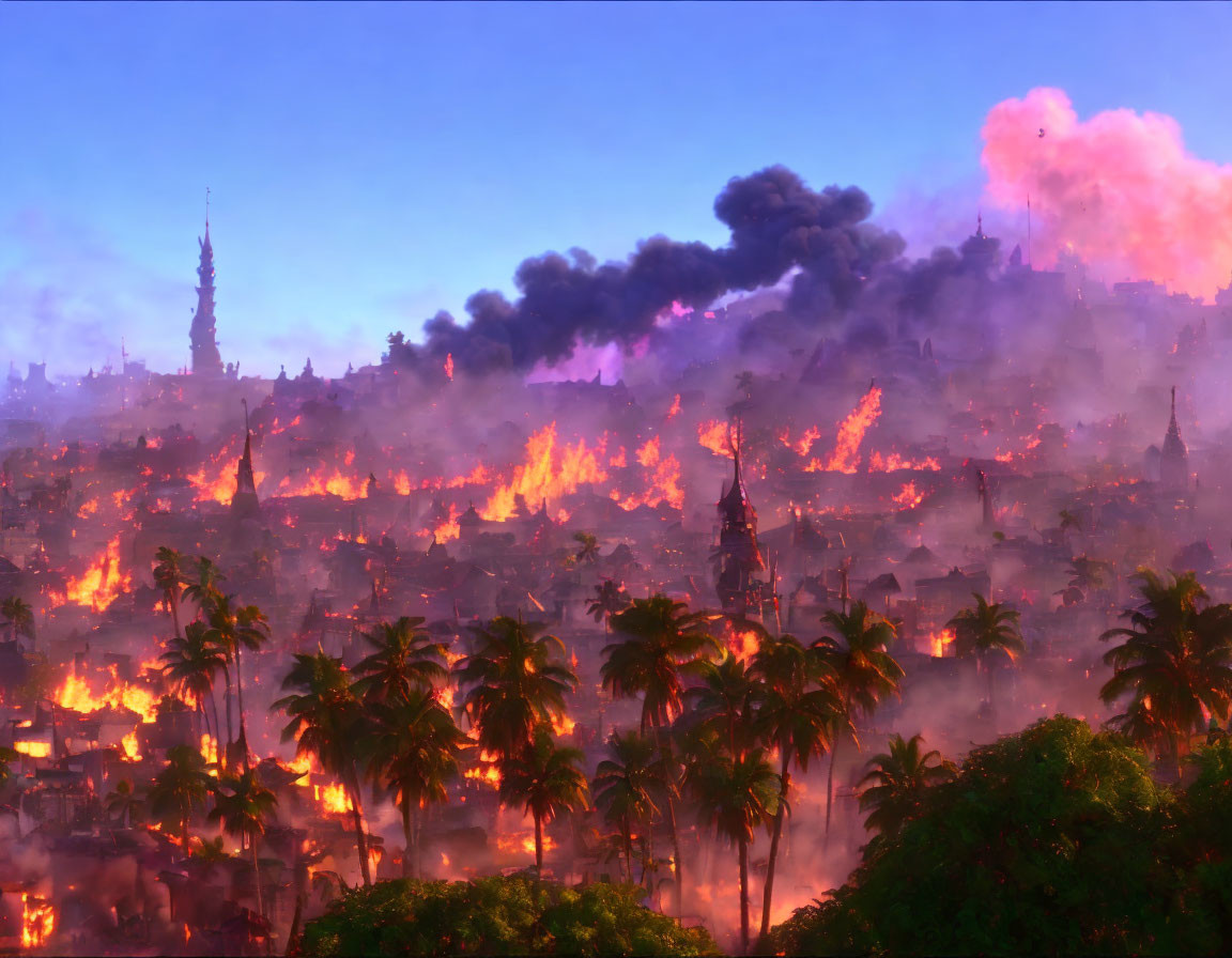 Cityscape Engulfed in Flames at Twilight Sky with Silhouettes of Palm Trees and Buildings