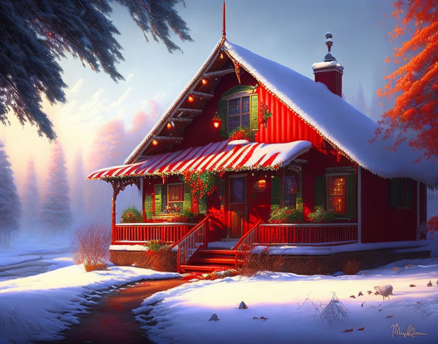 Red Cabin in Snowy Landscape with Frosty Trees