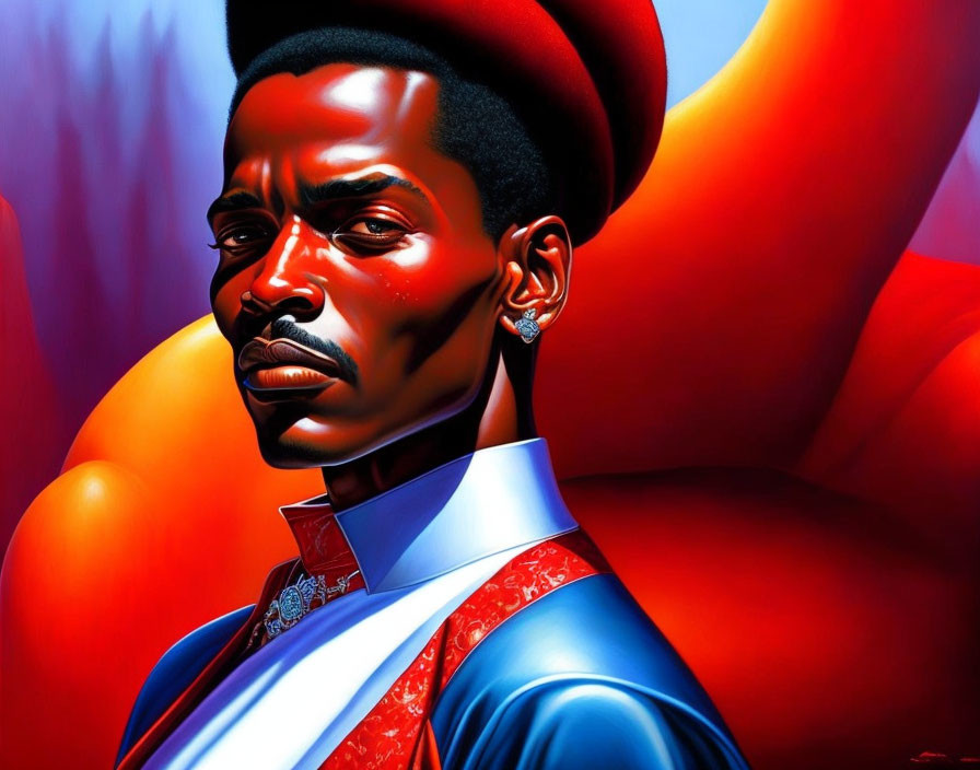 Stylized portrait of a man in red hat and blue suit against red backdrop