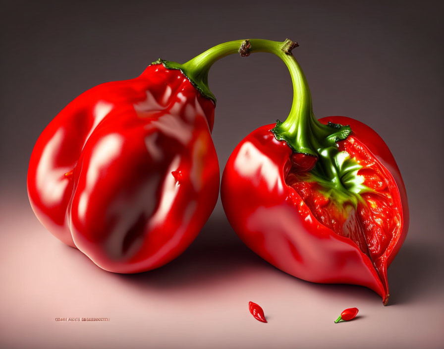 Vibrant red bell peppers whole and sliced on neutral backdrop with scattered seeds