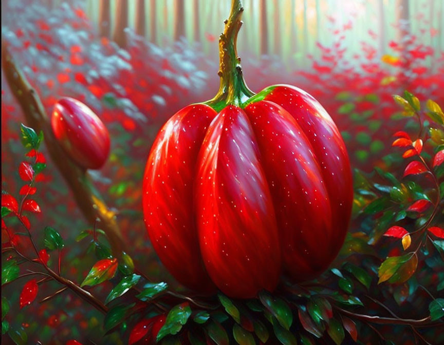 Vibrant red oversized pumpkin-like fruit in fantastical forest setting