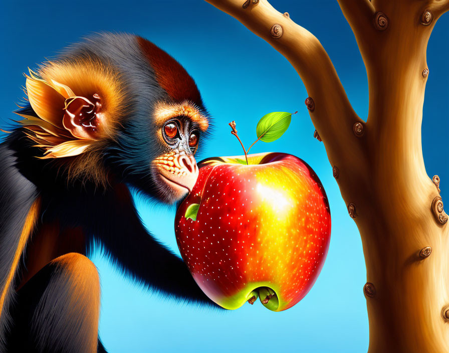 Colorful Illustration: Monkey and Red Apple on Tree Branch