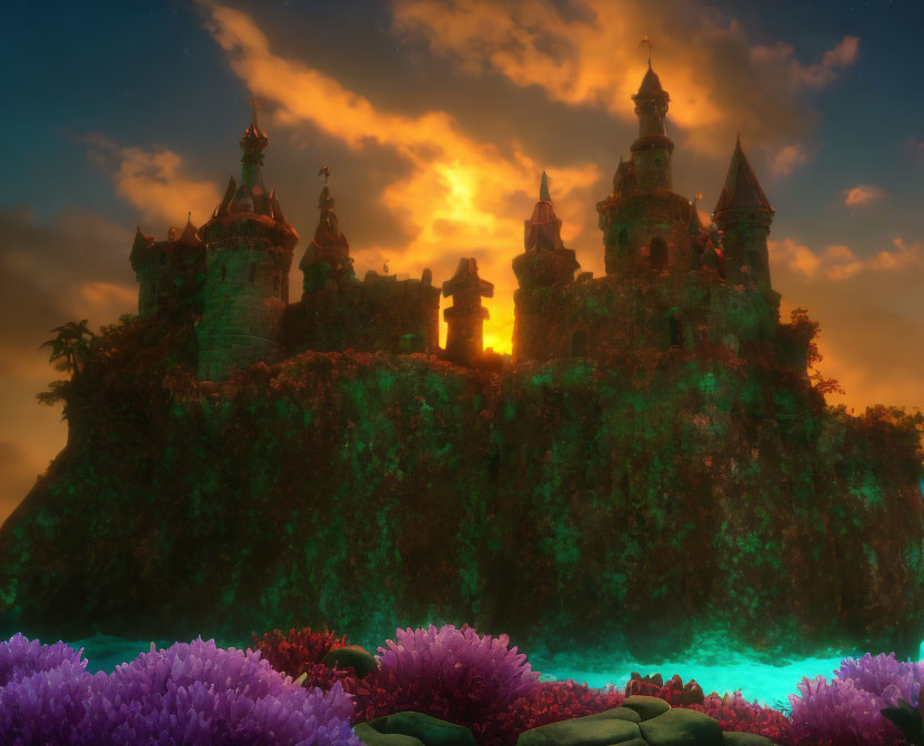 Fantasy castle on ivy-covered cliff at sunset with vibrant coral.